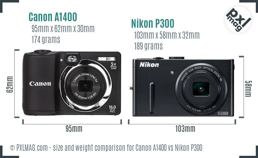 Canon A1400 vs Nikon P300 size comparison