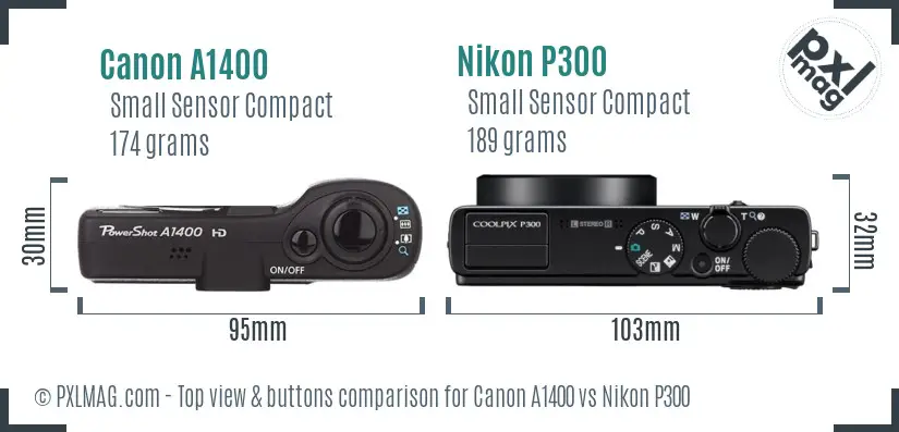 Canon A1400 vs Nikon P300 top view buttons comparison