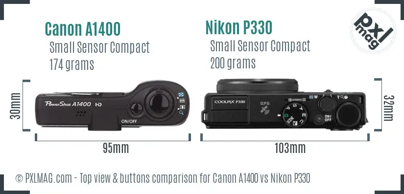 Canon A1400 vs Nikon P330 top view buttons comparison Canon A1400 vs Nikon P330 top view buttons comparison
