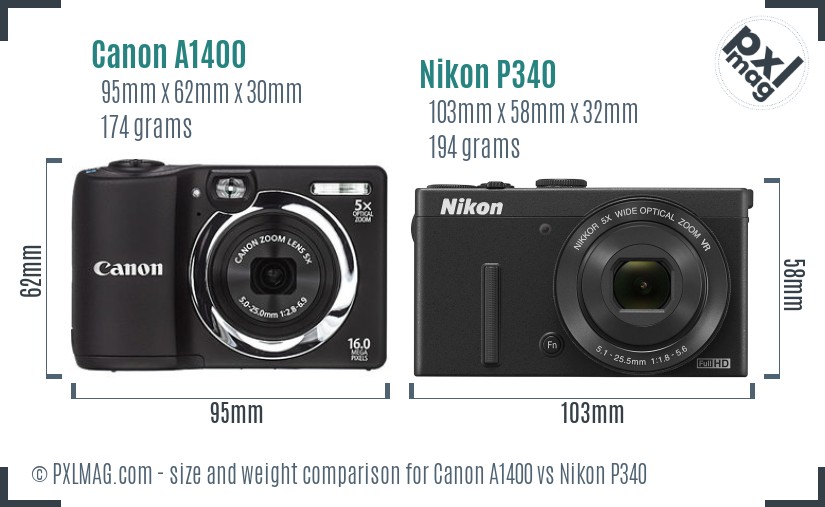 Canon A1400 vs Nikon P340 size comparison