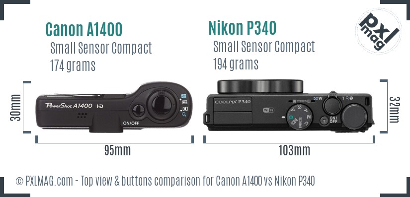 Canon A1400 vs Nikon P340 top view buttons comparison