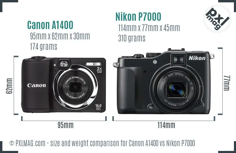 Canon A1400 vs Nikon P7000 size comparison