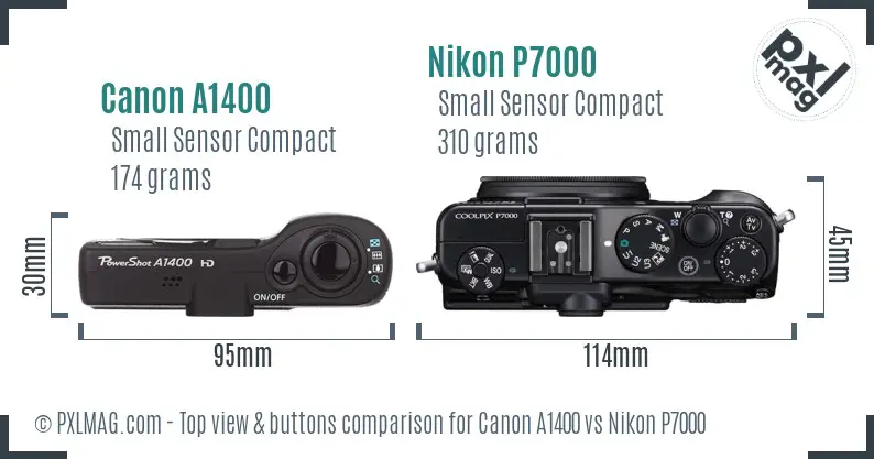 Canon A1400 vs Nikon P7000 top view buttons comparison