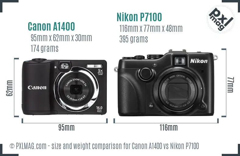 Canon A1400 vs Nikon P7100 size comparison