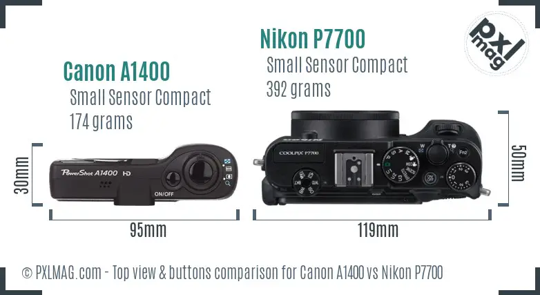 Canon A1400 vs Nikon P7700 top view buttons comparison