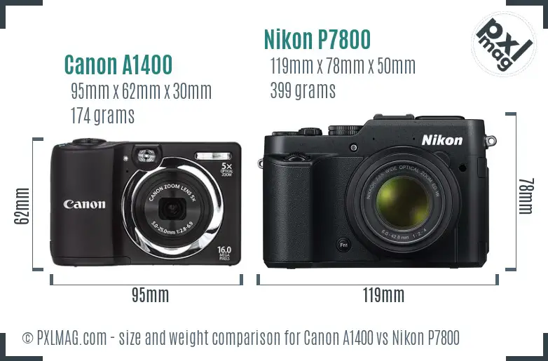 Canon A1400 vs Nikon P7800 size comparison