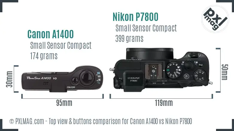 Canon A1400 vs Nikon P7800 top view buttons comparison