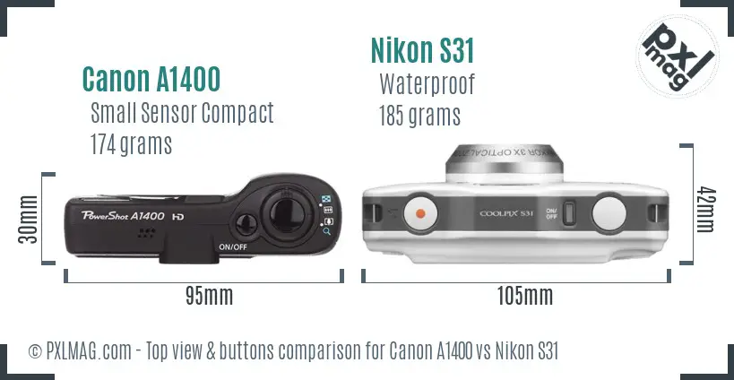 Canon A1400 vs Nikon S31 top view buttons comparison Canon A1400 vs Nikon S31 top view buttons comparison