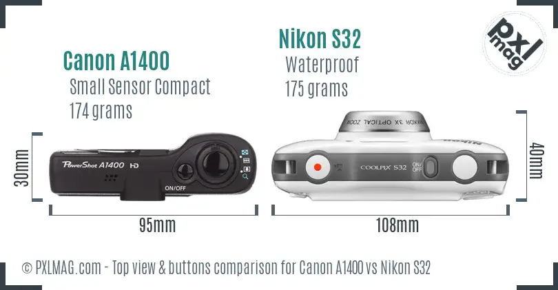 Canon A1400 vs Nikon S32 top view buttons comparison
