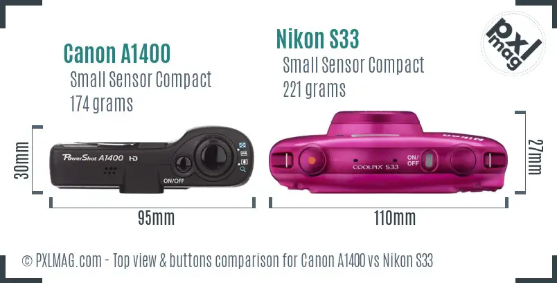 Canon A1400 vs Nikon S33 top view buttons comparison