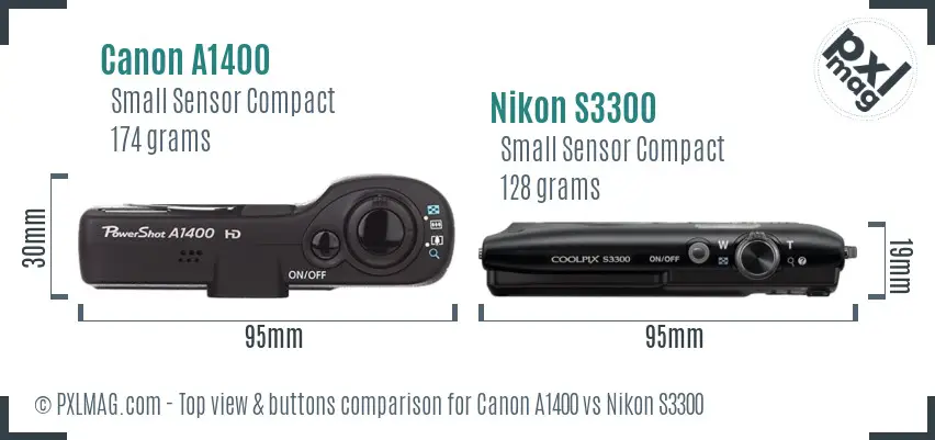 Canon A1400 vs Nikon S3300 top view buttons comparison