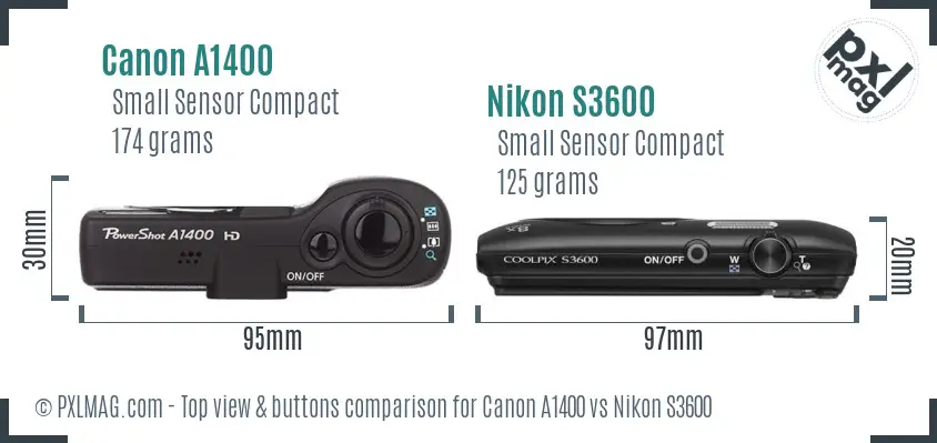 Canon A1400 vs Nikon S3600 top view buttons comparison