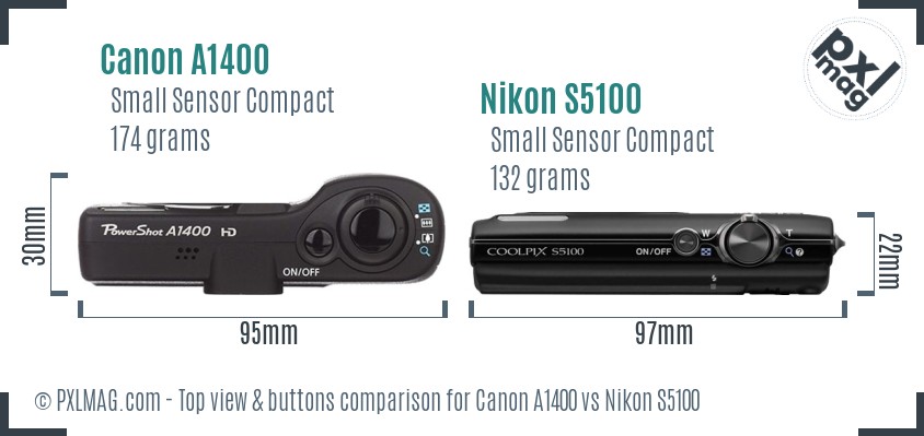 Canon A1400 vs Nikon S5100 top view buttons comparison