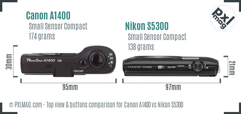 Canon A1400 vs Nikon S5300 top view buttons comparison