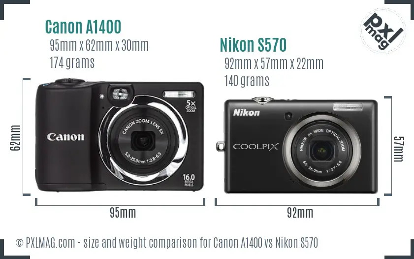 Canon A1400 vs Nikon S570 size comparison