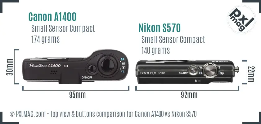 Canon A1400 vs Nikon S570 top view buttons comparison