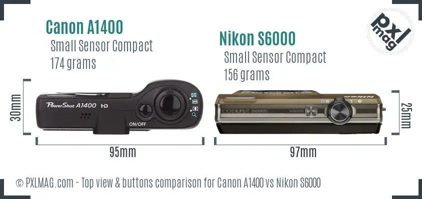 Canon A1400 vs Nikon S6000 top view buttons comparison