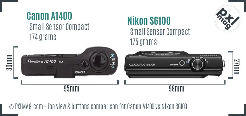 Canon A1400 vs Nikon S6100 top view buttons comparison