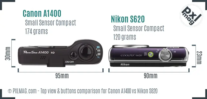 Canon A1400 vs Nikon S620 top view buttons comparison