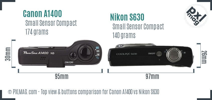 Canon A1400 vs Nikon S630 top view buttons comparison