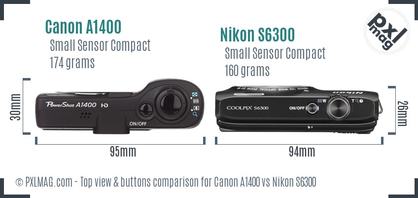 Canon A1400 vs Nikon S6300 top view buttons comparison