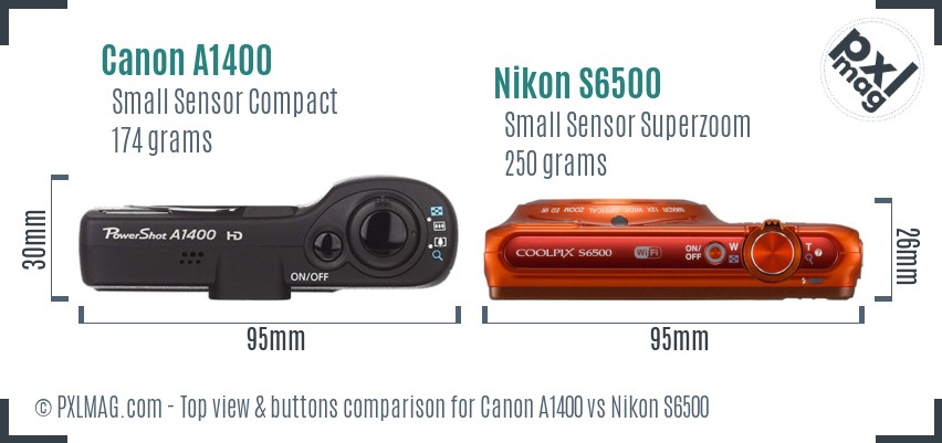 Canon A1400 vs Nikon S6500 top view buttons comparison