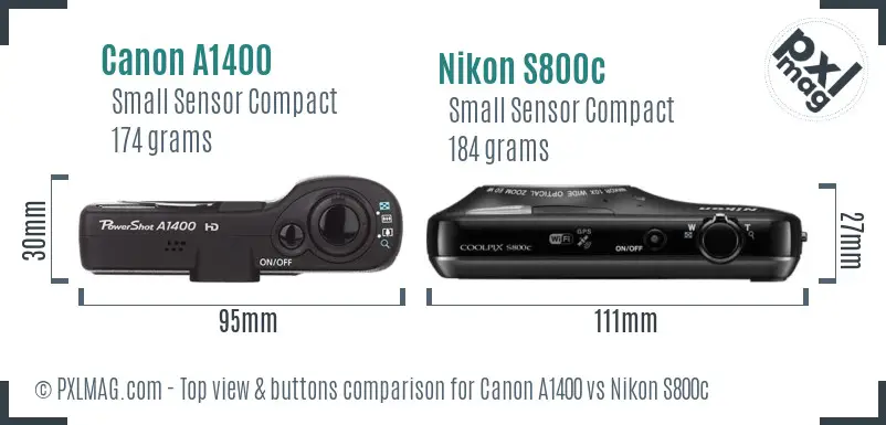 Canon A1400 vs Nikon S800c top view buttons comparison