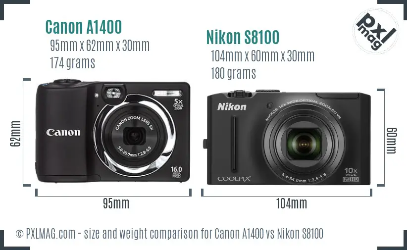 Canon A1400 vs Nikon S8100 size comparison