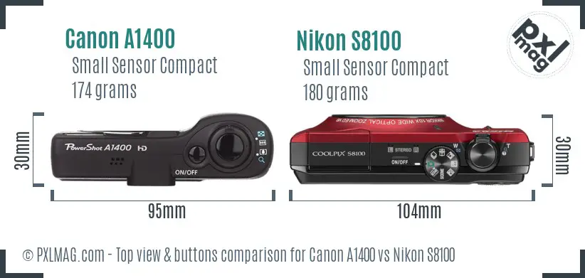 Canon A1400 vs Nikon S8100 top view buttons comparison