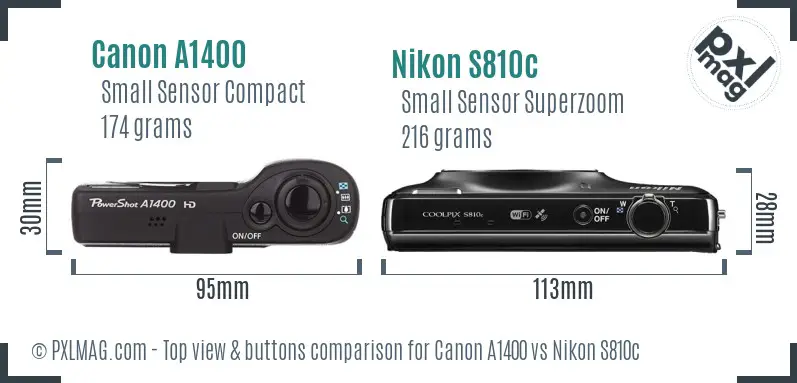 Canon A1400 vs Nikon S810c top view buttons comparison
