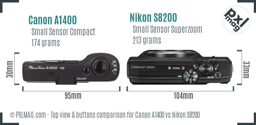 Canon A1400 vs Nikon S8200 top view buttons comparison