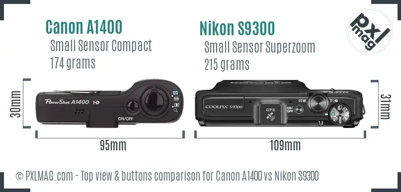 Canon A1400 vs Nikon S9300 top view buttons comparison