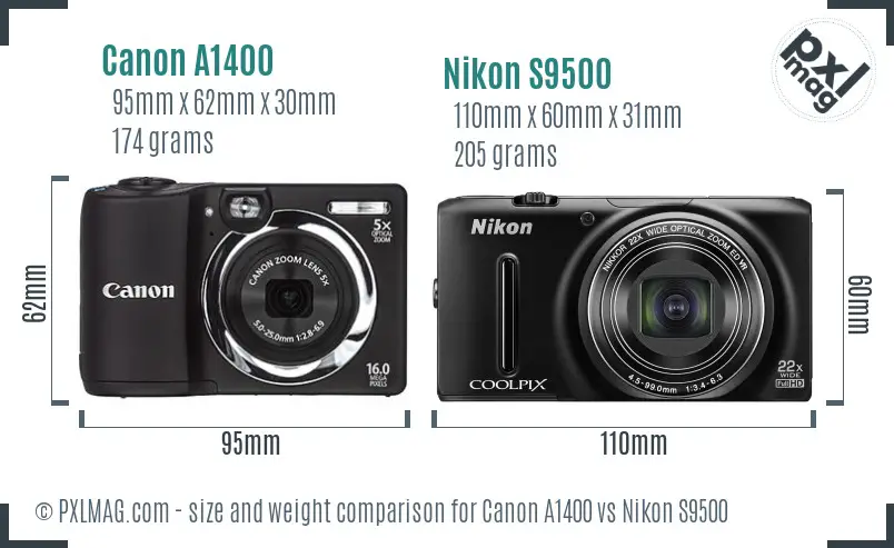 Canon A1400 vs Nikon S9500 size comparison