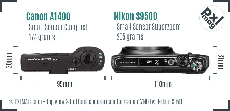 Canon A1400 vs Nikon S9500 top view buttons comparison