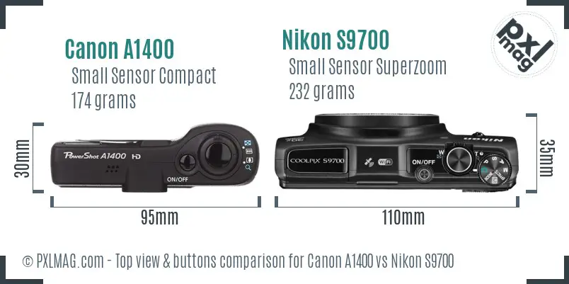Canon A1400 vs Nikon S9700 top view buttons comparison Canon A1400 vs Nikon S9700 top view buttons comparison