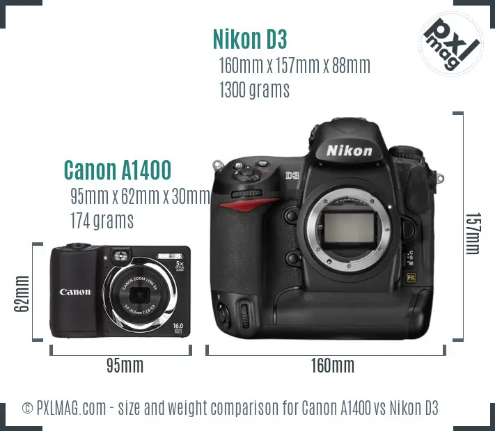 Canon A1400 vs Nikon D3 size comparison