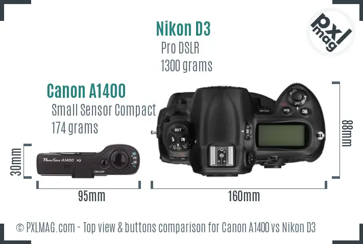 Canon A1400 vs Nikon D3 top view buttons comparison