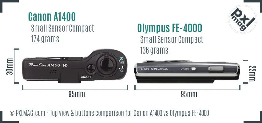 Canon A1400 vs Olympus FE-4000 top view buttons comparison Canon A1400 vs Olympus FE-4000 top view buttons comparison