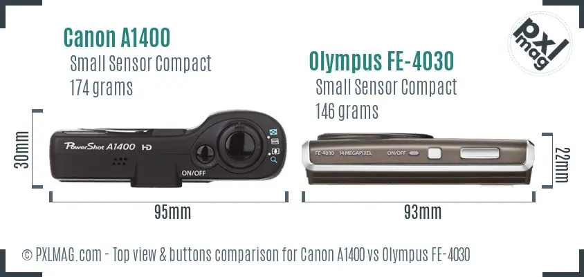 Canon A1400 vs Olympus FE-4030 top view buttons comparison