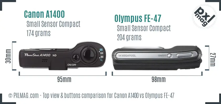 Canon A1400 vs Olympus FE-47 top view buttons comparison