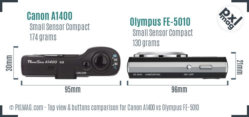 Canon A1400 vs Olympus FE-5010 top view buttons comparison