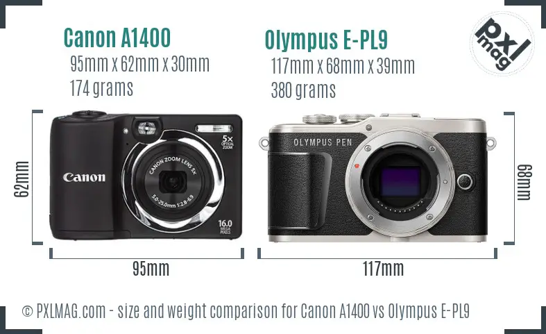 Canon A1400 vs Olympus E-PL9 size comparison