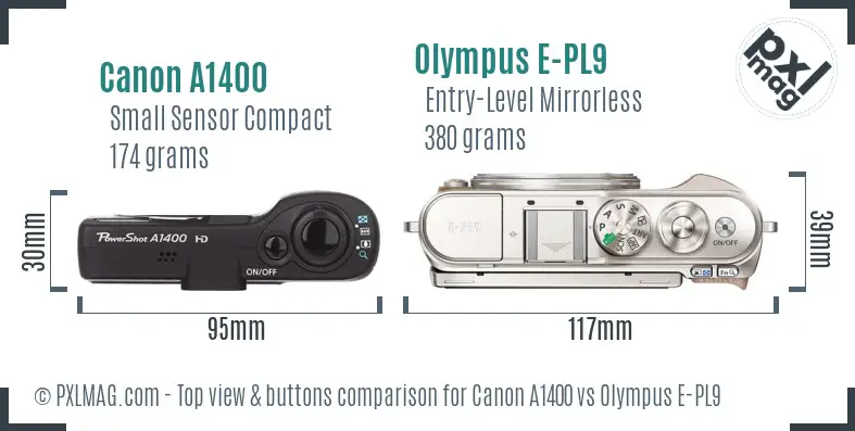 Canon A1400 vs Olympus E-PL9 top view buttons comparison