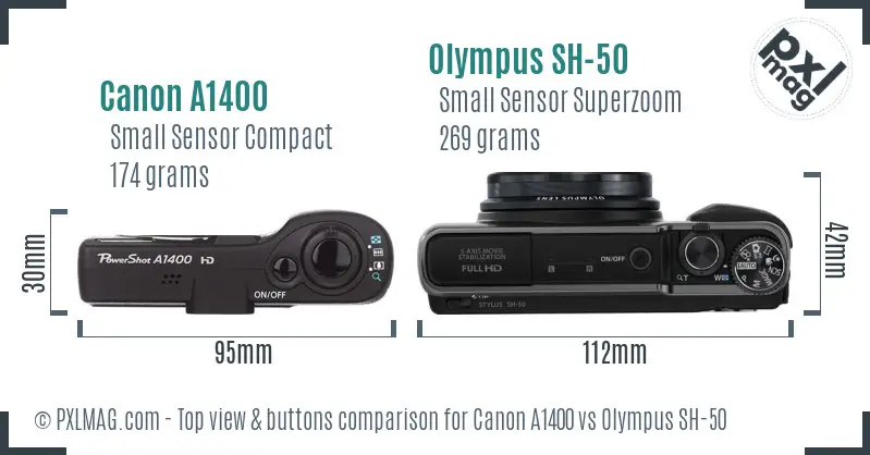 Canon A1400 vs Olympus SH-50 top view buttons comparison