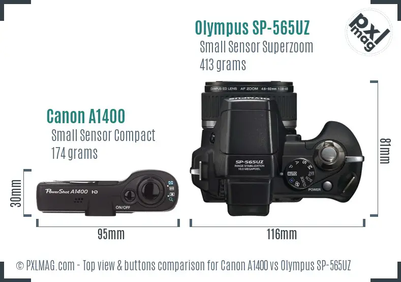 Canon A1400 vs Olympus SP-565UZ top view buttons comparison