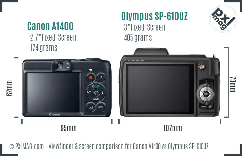 Canon A1400 vs Olympus SP-610UZ Screen and Viewfinder comparison