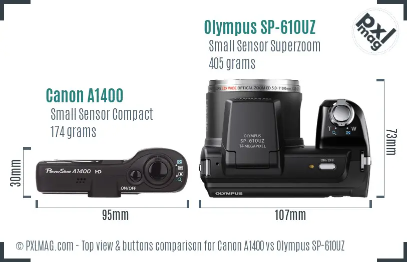 Canon A1400 vs Olympus SP-610UZ top view buttons comparison