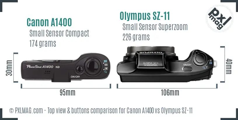 Canon A1400 vs Olympus SZ-11 top view buttons comparison