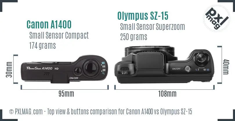 Canon A1400 vs Olympus SZ-15 top view buttons comparison