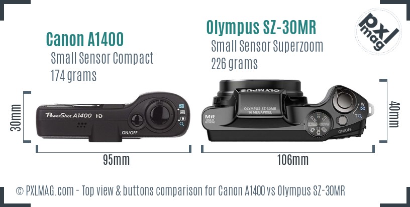 Canon A1400 vs Olympus SZ-30MR top view buttons comparison